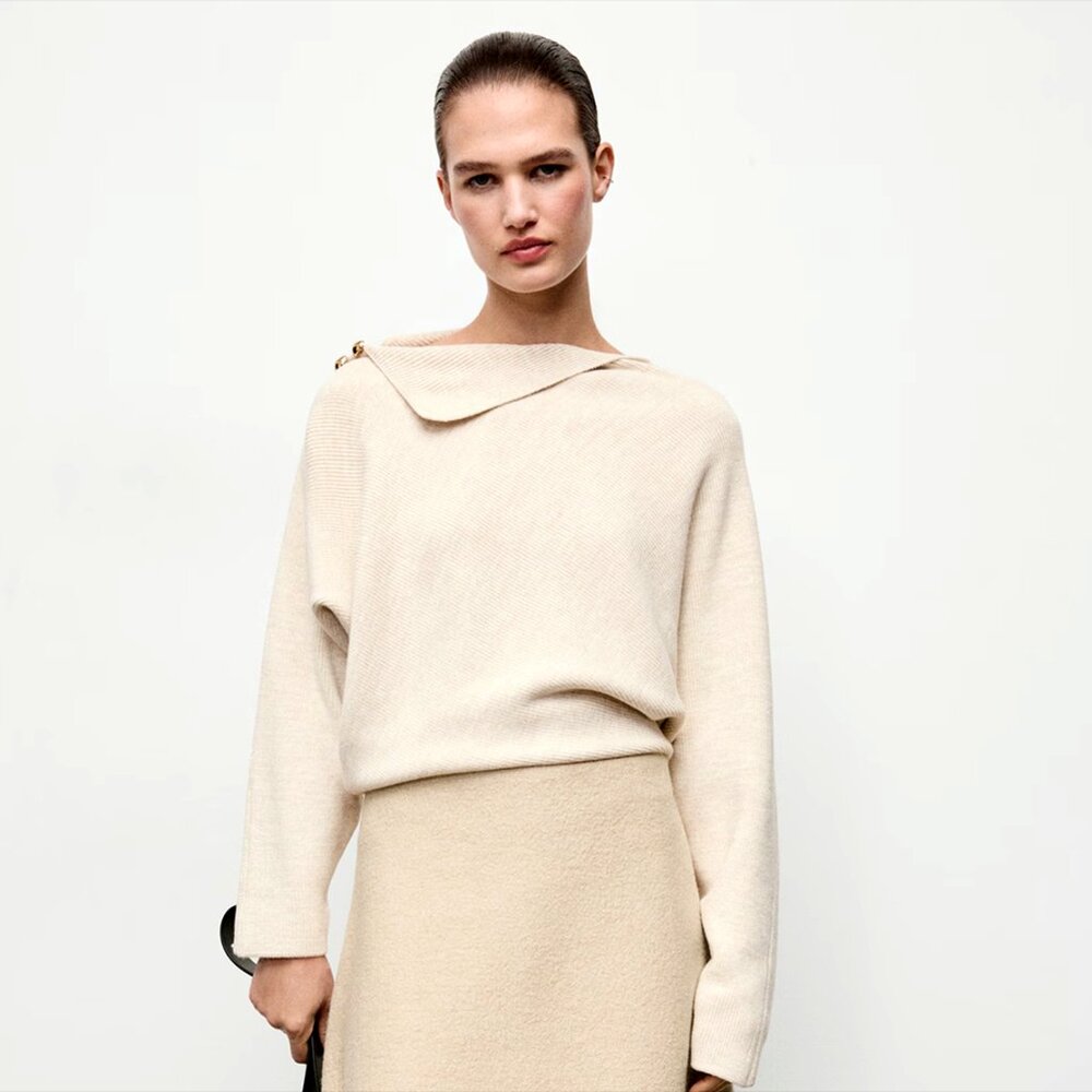 New Mango Asymetrical Cream Winter Sweater with Jewel Buttons